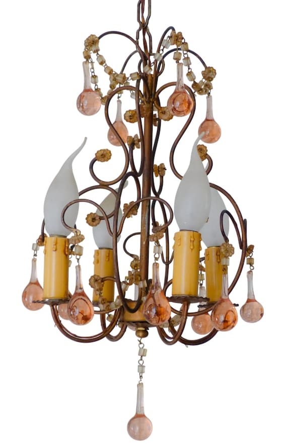 Vintage French Gilt Chandelier, Pink & Rose Glass Drops, 4-Light Small Romantic Chandelier, Macaroni Beads 27.6"H