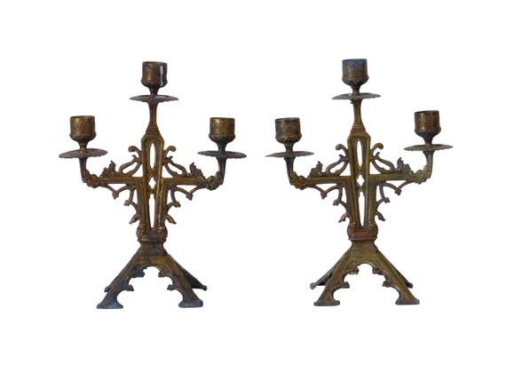 Charming 1900 antique pair French candlestick gilded brass & bronze patina