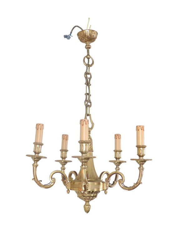 Gorgeous vintage french 5 arms gilded brass chandelier ceiling bronze louis xvi