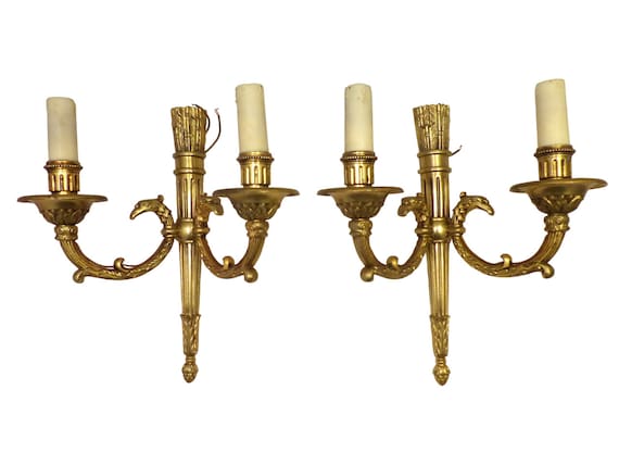Vintage pair French empire wall light sconce 2 lights torch gilded bronze 1950