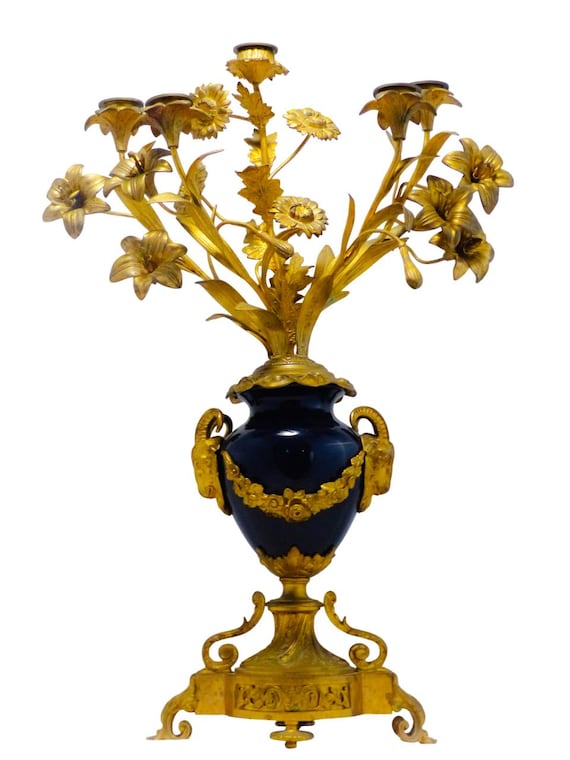 Gorgeous antique French candelabra candlestick, blue Sèvres gilded bronze, 19th century
