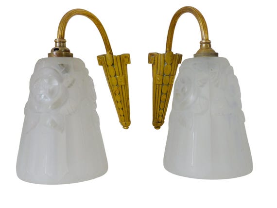 Antique pair wall light sconce art deco glass bronze metal 1930 signed degué