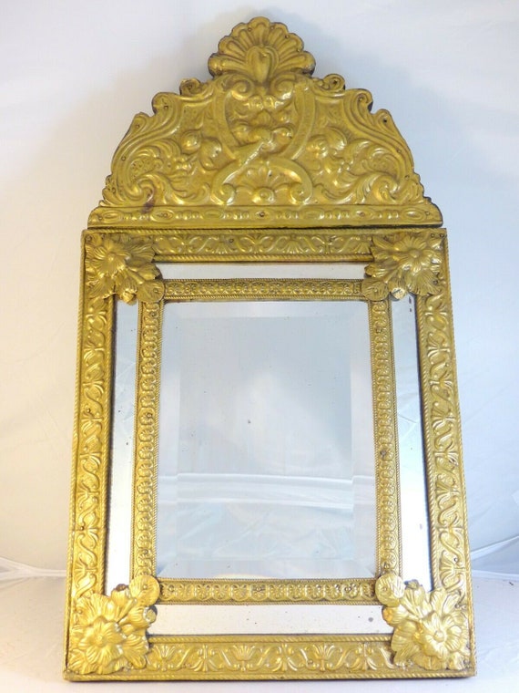 23" tall antique 1880 wide french beveled mirror brass overlay wood regrowth