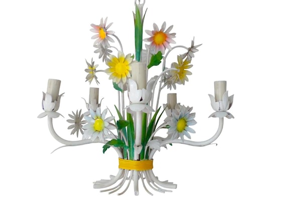1960's charming florentine chandelier enameled metal tole flower italian ceiling