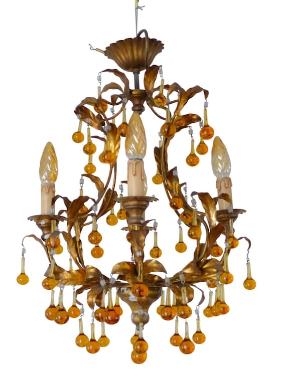 Vintage Gilt Metal Chandelier, Amber Glass Drops, 4-Light Italian 1980s, Maison Bagues Style, Gold Chandelier 17"