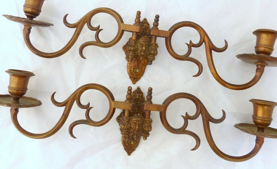 Pair antique 19th bronze signed french sconce candlesticks rare gothic bacchus