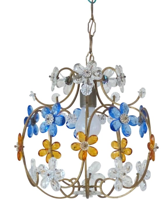 French vintage blue amber flower prisms, house-shaped chandelier-style rings, 1960s
