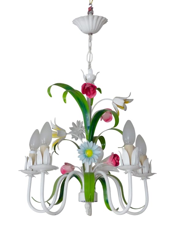 Vintage Painted Tole Chandelier, Colorful Flowers, 5-Light 1970s White Metal Floral Light, Cottage Farmhouse Lighting 26.8"H