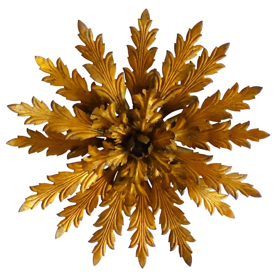 Large Vintage Italian Gilt Sunburst Flush Mount, Acanthus Leaf Sconce, 8-Light Ceiling or Wall, Hollywood Regency Lighting 19.7"D