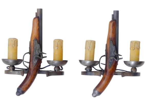 Pair Vintage French Duelling Pistol Wall Sconces Wood and Metal Rustic Lodge Lighting