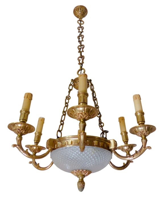 Vintage French Empire Style Chandelier Gilt Brass and Bronze Glass Bowl 6 Light 1970s