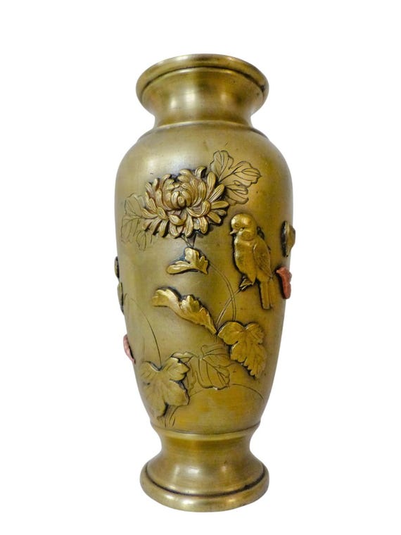 Antique Japanese Meiji mixed metal engraved vase chrysanthemum flower & bird 1890's