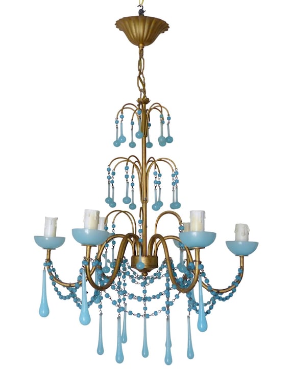 Vintage French Gilt Chandelier, Turquoise Opaline Glass, 6-Light Tiered, Blue Glass Chandelier, Coastal French Decor, 31.5"H
