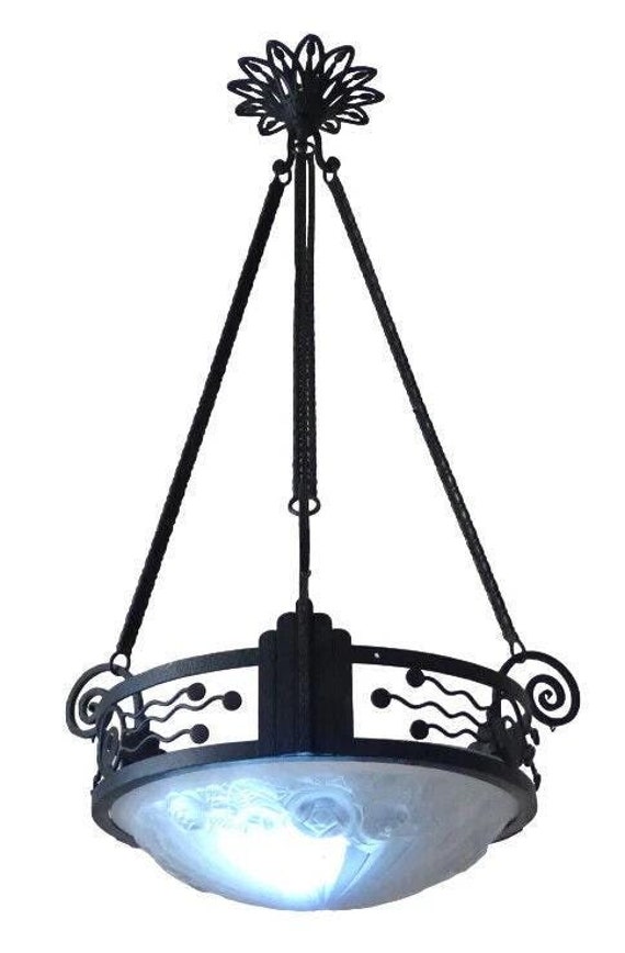XL large antique French art deco ceiling suspension chandelier 1930 signed degue