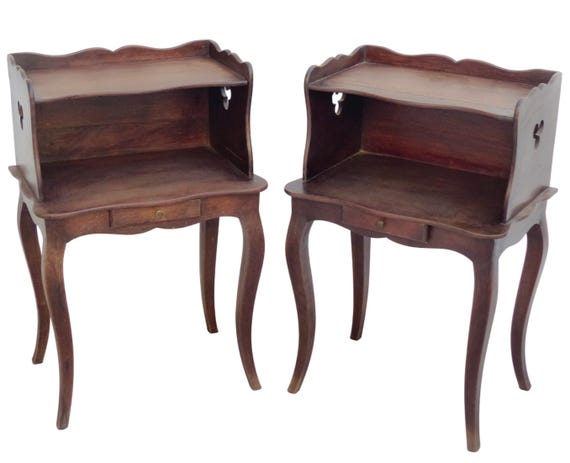 Pair Antique French Walnut Nightstands, Louis XV Style Bedside Tables, Late 19th Century, Open Niche & Drawer, Trefoil Cutout 26.8"H