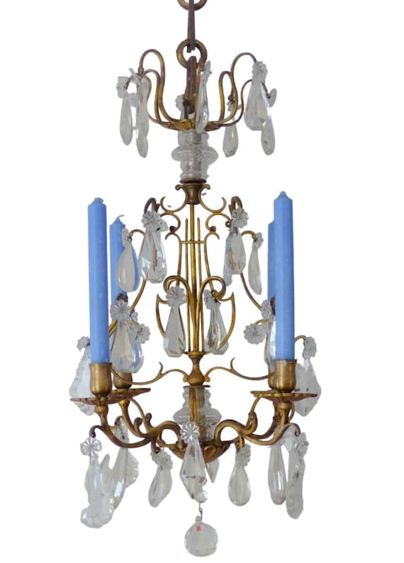 19th antique french brass candlestick chandelier ceiling lyre louis xvi crystal