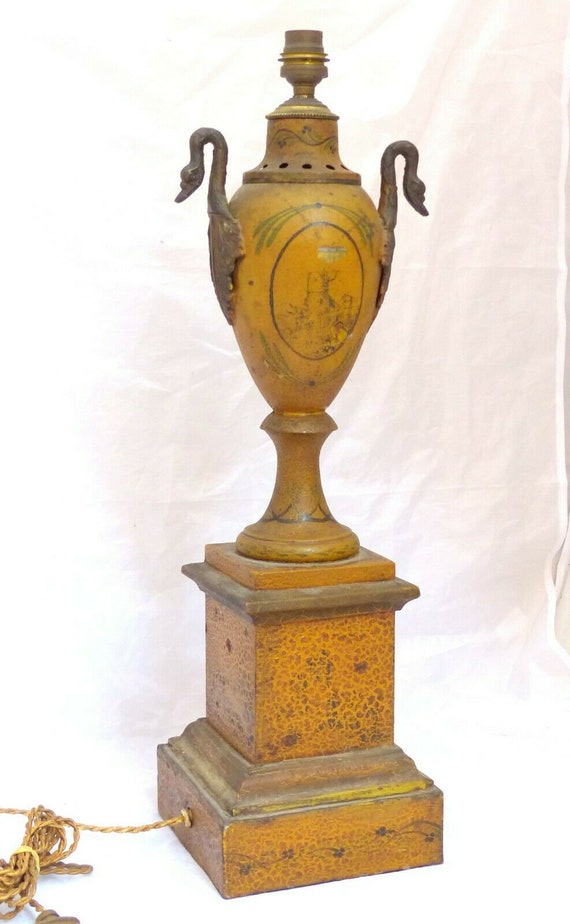 21" XL large antique French painted tole & bronze swans urn Empire style 19th
