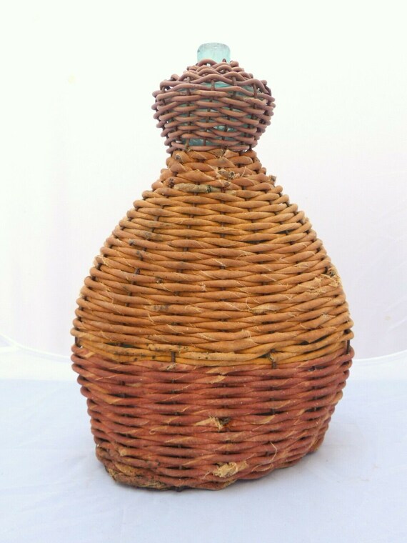 Rare antique shepherd's feeding bottle, glass and wickerwork, folk art collection, 18th century