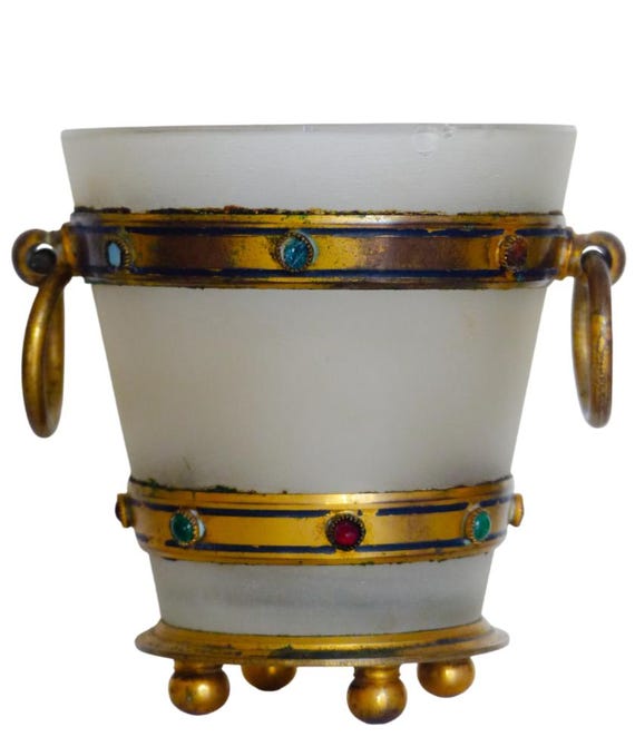 Antique French opaline and jeweled stand, small planter, votive candle stand, 19th century