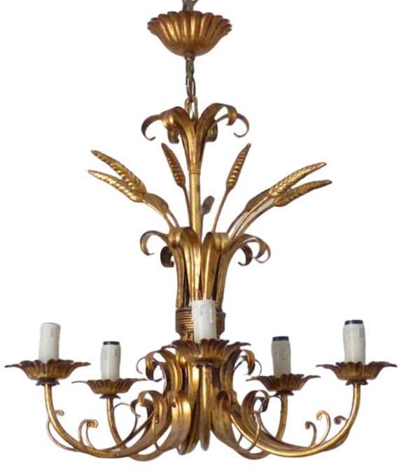 Gorgeous gilded chandelier ceiling 70's hollywood regency mid century wheat 6lgt