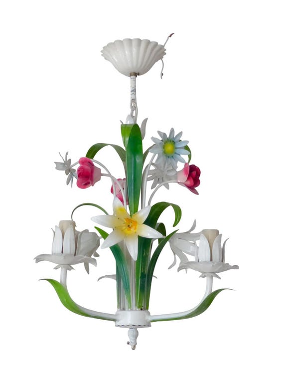 60's charming florentine chandelier enameled metal tole flowers italian ceiling3