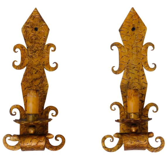 Pair Vintage Gilt Wrought Iron Wall Sconces Spanish Revival Gothic Mediterranean Style