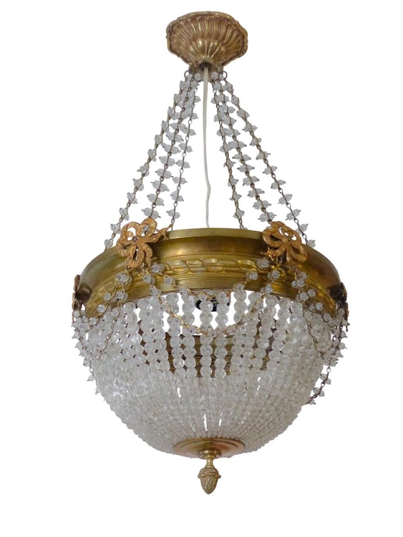 Gorgeous antique 1920 louis xvi chandelier ribbon bronze brass beads ceiling