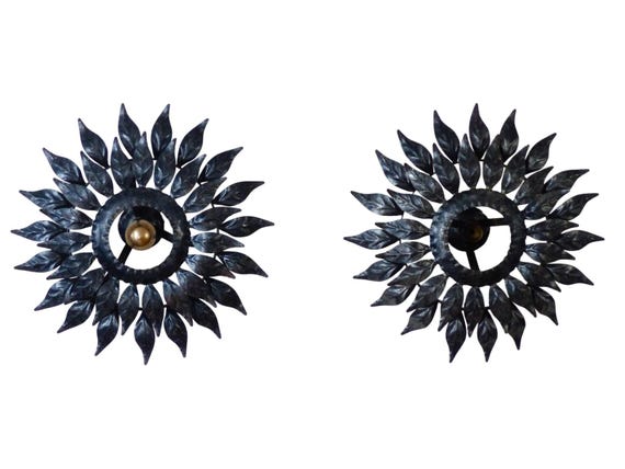 Pair vintage 1970s black lacquered metal leaf wall sconces italian style