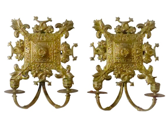 Antique French pair gilded bronze wall light sconce candlestick 19th dolphins