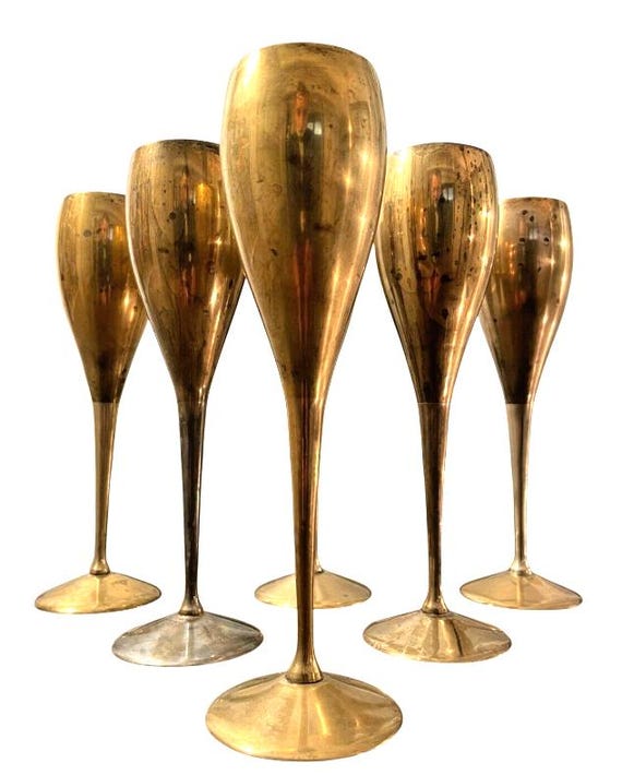 Charming set of x6 vintage champagne flutes - brass & silver plated metal - 9"