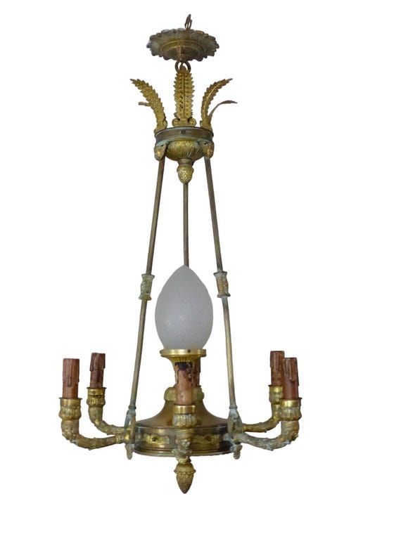 Antique French 6-arm church religious ormolu bronze chandelier ceiling 19th