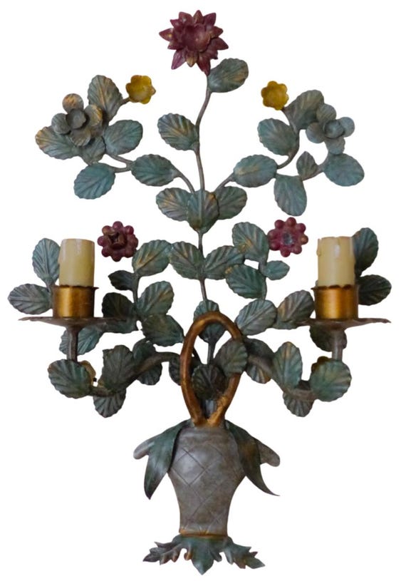 Vintage French painted metal wall sconce flower basket, Italy, 1970s