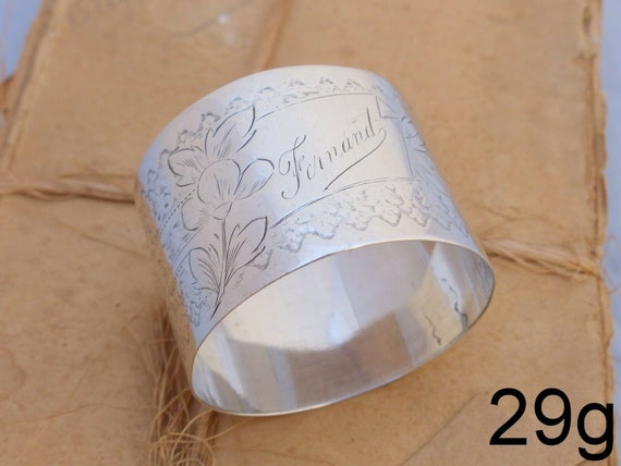 19th century antique French sterling silver napkin ring with a highly guilloche cartouche style