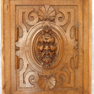 21&quot; antique french carved walnut wood panel gothic man face bacchus salvage #2