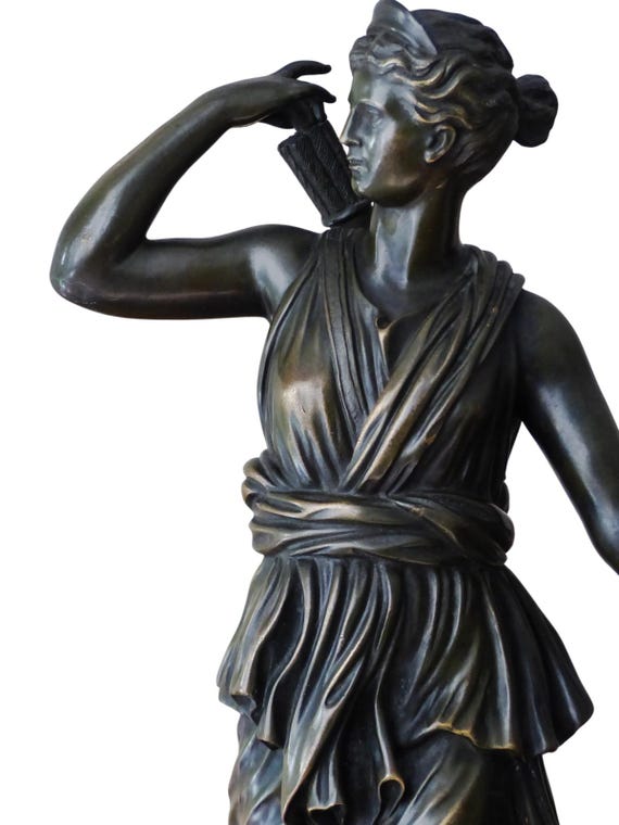 Antique Grand Tour Bronze Diana the Huntress, Signed A. Nelli Roma, Artemis with Deer after the Antique, Black Marble Base 14.2"H
