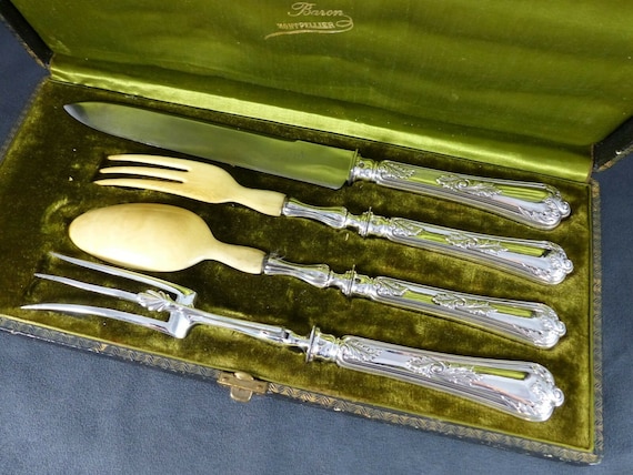 Antique French sterling silver 4-piece salad & carving set, Napoleon III era, 1870