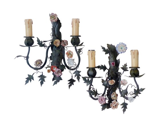Antique pair wall light sconces green tole 1930 porcelain flowers foliage #1