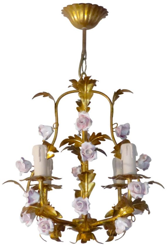 Charming gilt vintage italian candlestick toleware porcelain flowers foliage pink