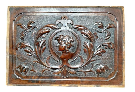 24" antique french hand carved walnut wood panel classic woman medallion 19th