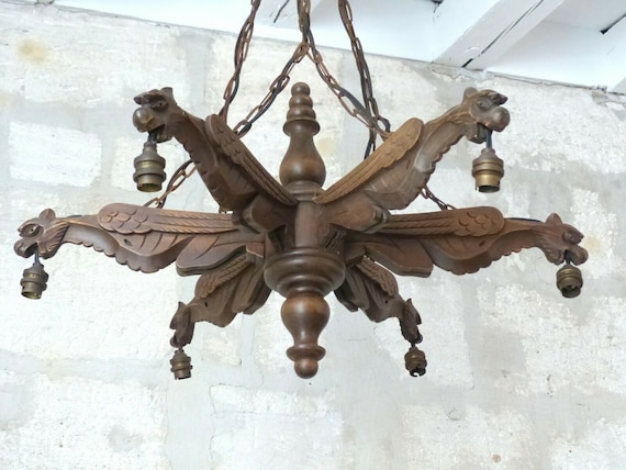 Large vintage French carved wood gothic chimera chandelier 6 lights gargoye 1950