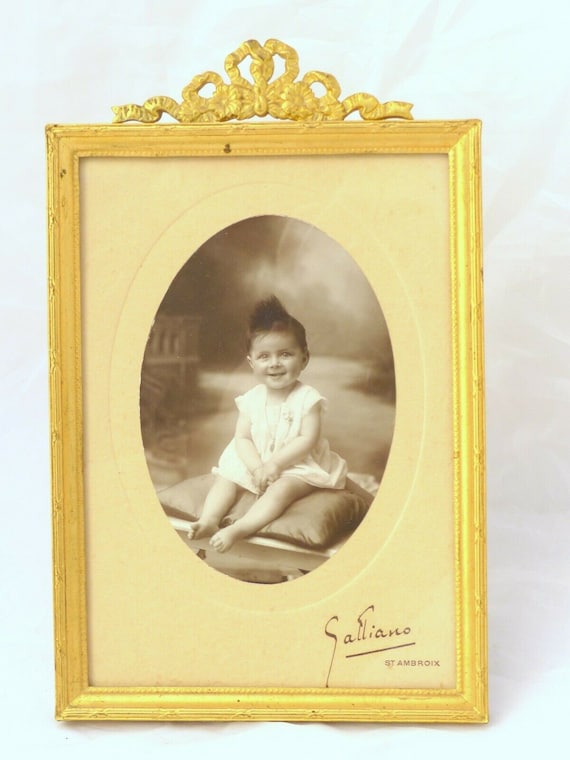 Antique French bronze miniature photograph portrait frame with ribbon, Louis XVI style, 19th century