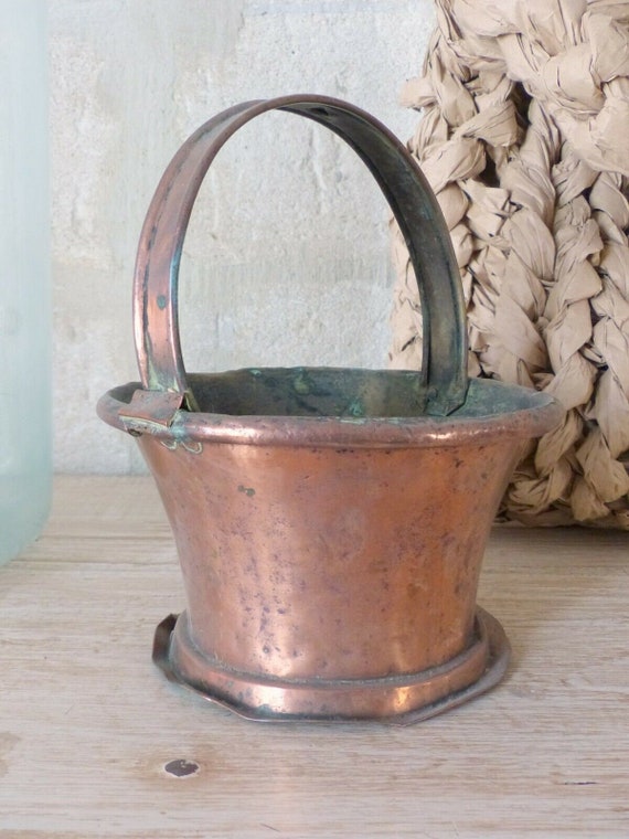 Late 18th century small antique French copper rustic basket pot garden