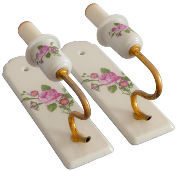 Vintage Paris porcelain French wall light plaque, rare brass design, 1950s flowers