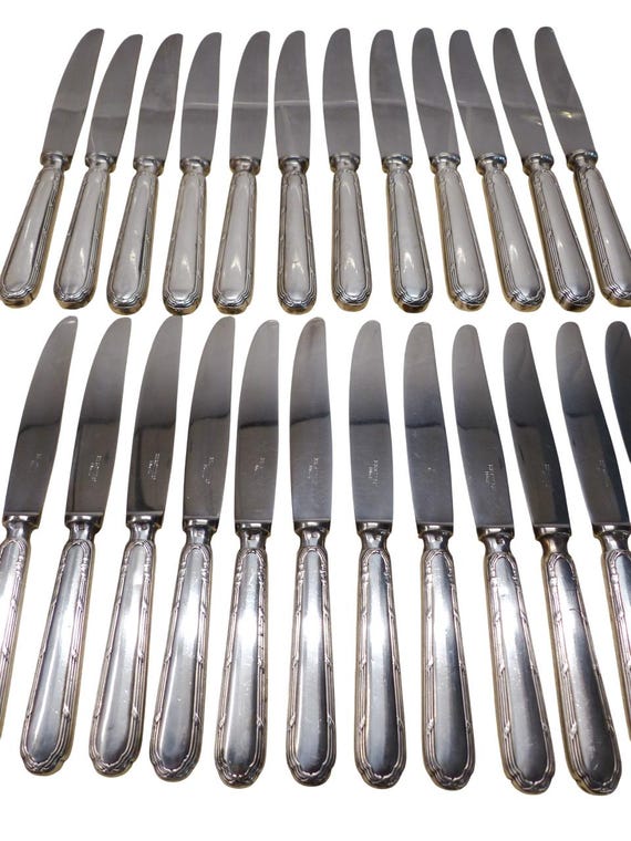 Ercuis rare set of 24 French table and dessert knives, silver-plated, Louis XVI ribbon