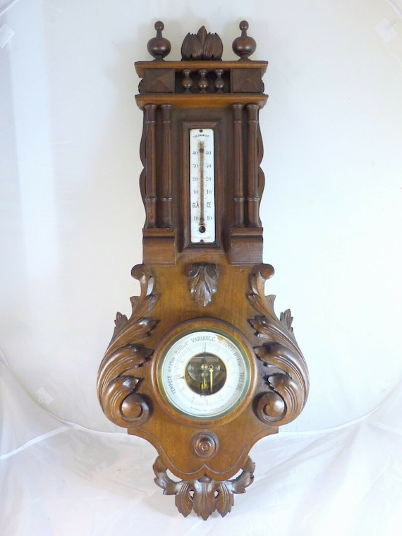 Antique French black forest carved 29" barometer & thermometer only for deco