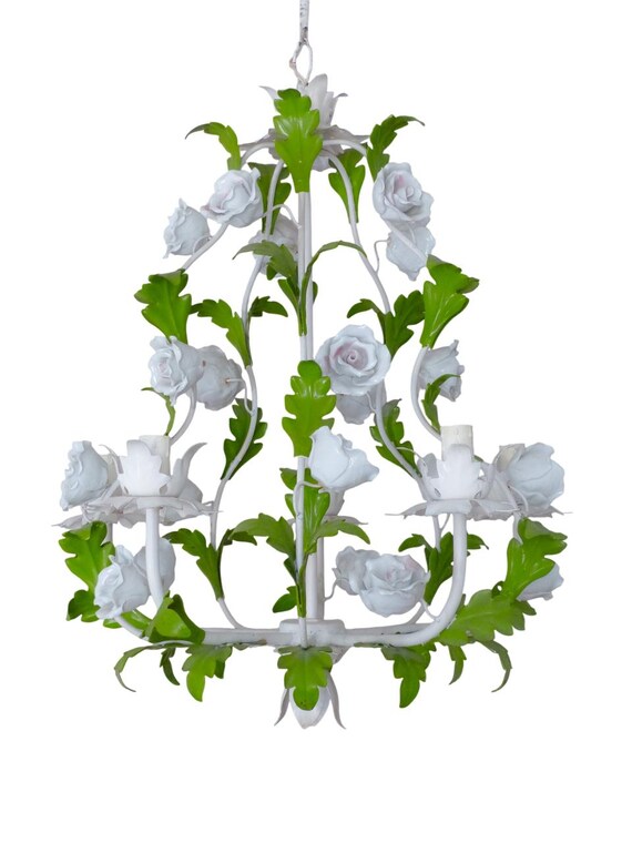 Charming large vintage Italian candlestick toleware & porcelain flowers foliage
