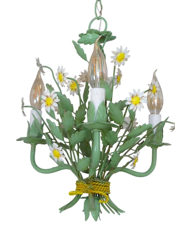 Vintage green tole chandelier daisy flowers 3-light 1960s cottage style 24.4"h