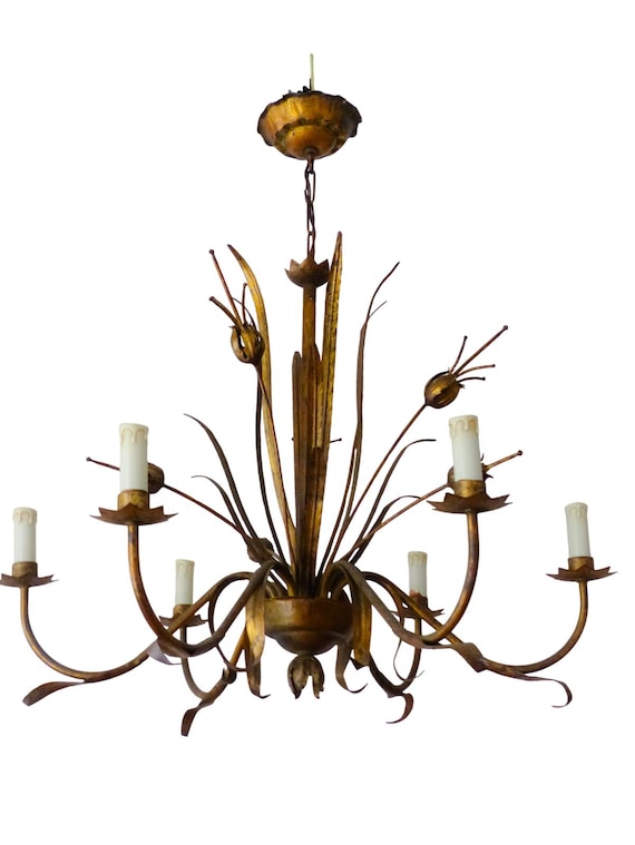 Hans Kogl Attributed Large Vintage Gilt Metal Chandelier, Wheat Sheaf Design, 6-Light, 1960s-70s Hollywood Regency Lighting 27.6"D