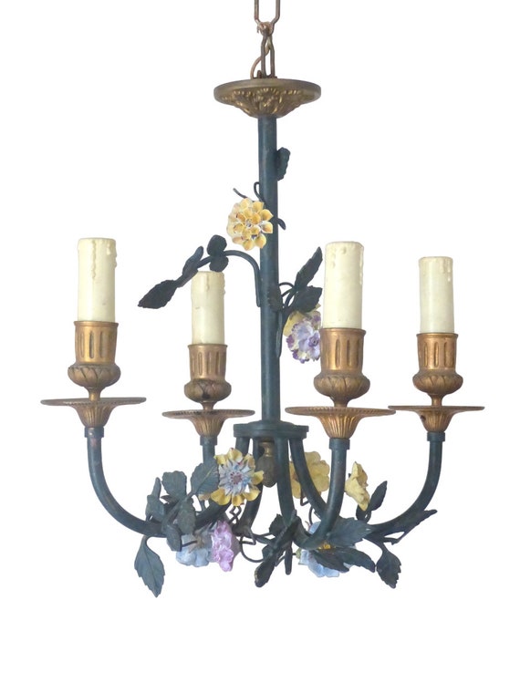 French antique bronze Louis XVI chandelier, porcelain flowers, ribbon, foliage, 1900