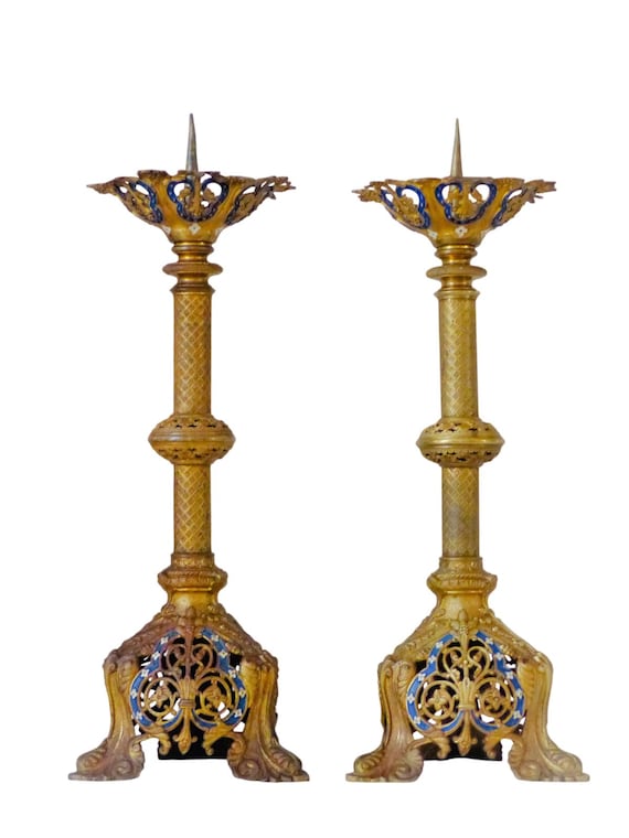 Gorgeous pair large 19th french church altar candlestick enameled gilded bronze